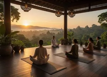 Group yoga class on a wooden deck at sunrise