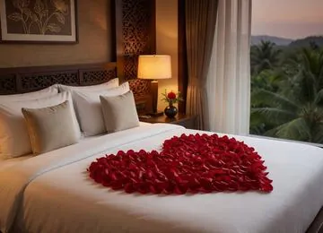 Bed decorated with red rose petals in a heart shape