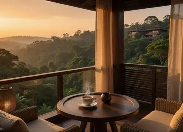 Balcony table with coffee overlooking hills at sunrise