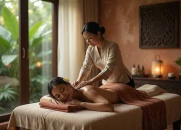 Therapist giving a massage in a candlelit treatment room